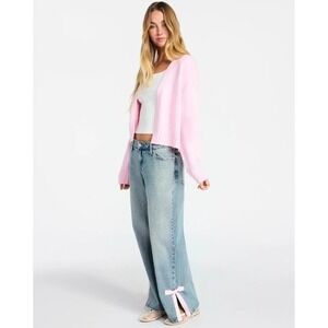 No Boundaries Baggy Wide Leg Jeans Bow Light Stone Wash Denim Women 10 38x33 New